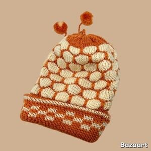 Vintage Handmade Retro Print Orange Checker Knitted Beanie Ski Winter Beanie Pom